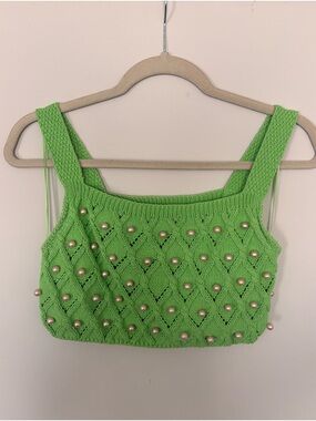 Zara Vibrant Green Pearl-Embellished Knit Crop Top